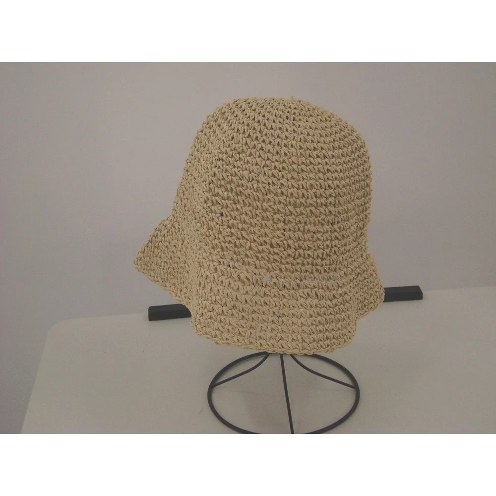 Women's Beige Straw Bucket Hat Paper Crochet Sun Beach Summer Travel One Size - Picture 4 of 6